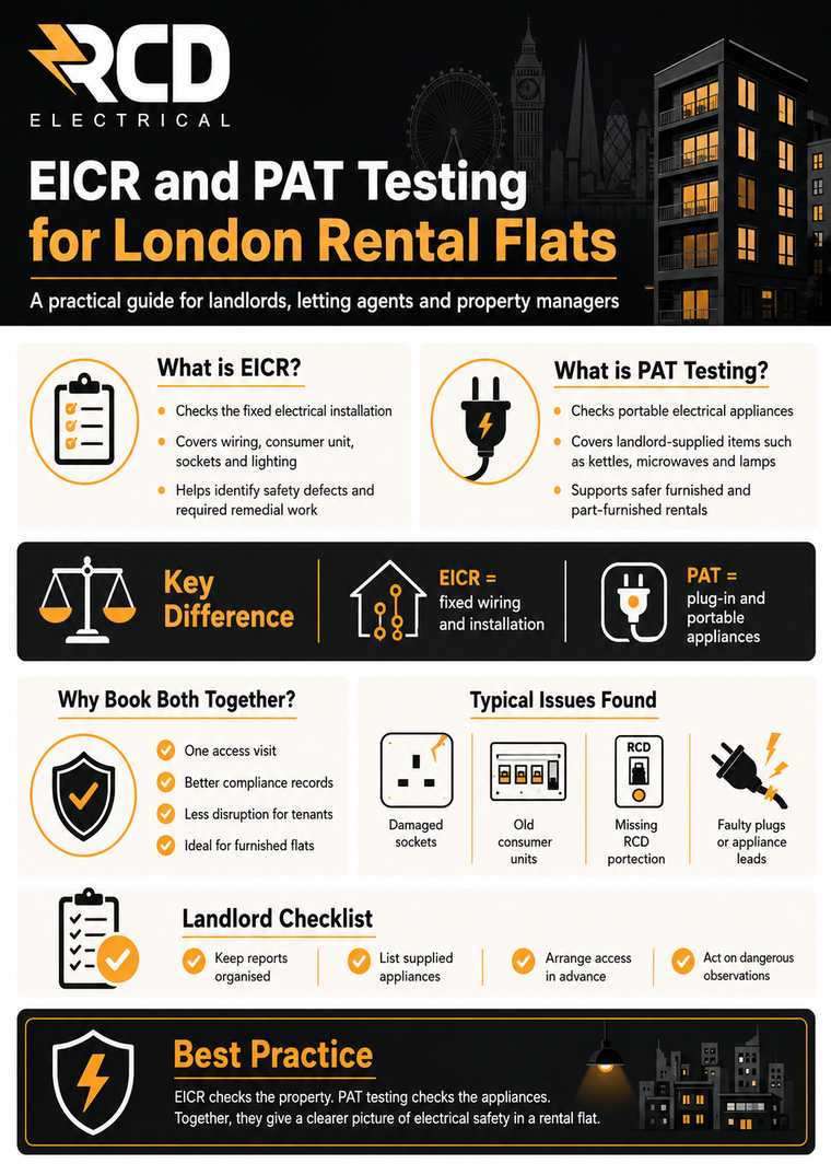 EICR and PAT Testing for London Rental Flats infographic by RCD Electrical
